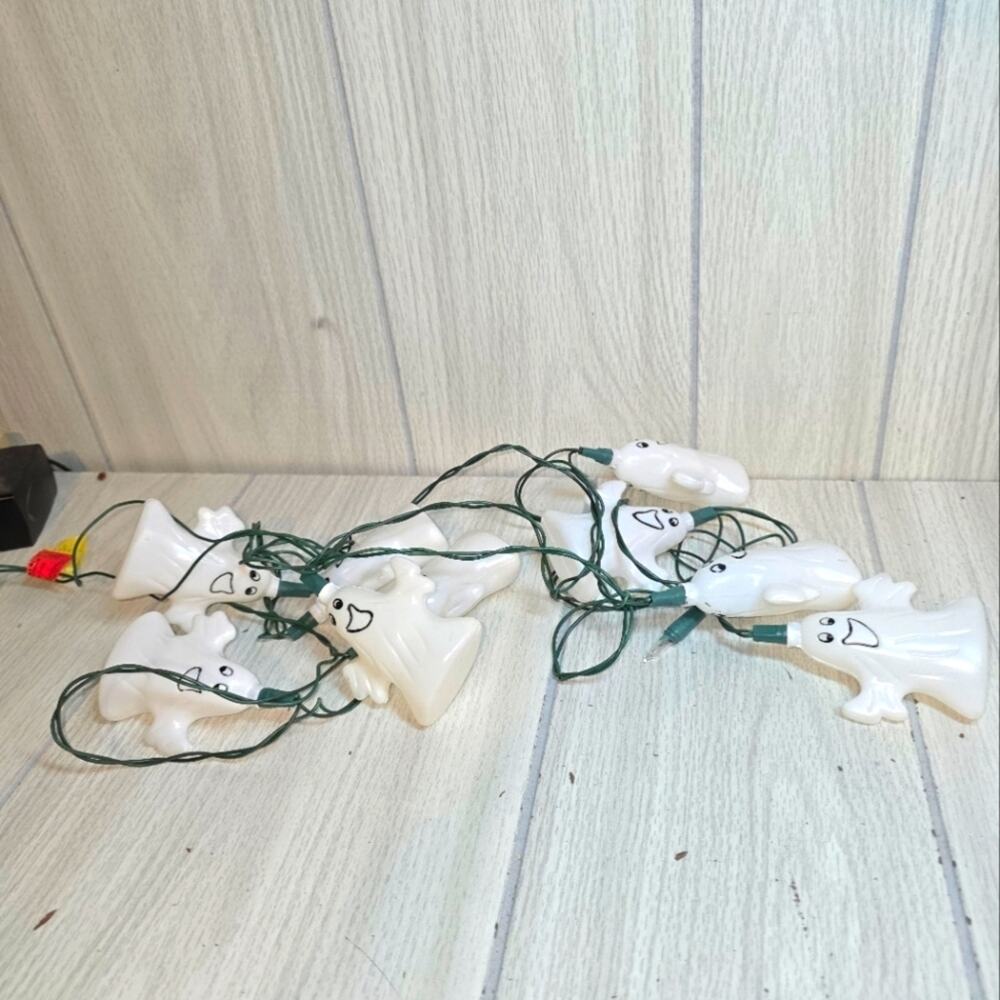 Vtg Blow Mold Scary/Happy Ghost String Lights Halloween Decorations